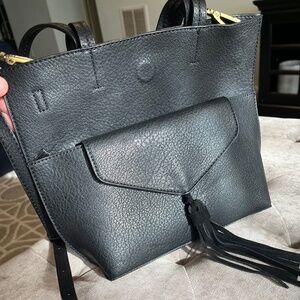 Anthropologie Vegan Leather Crossbody Tote & Matching Wallet-BLACK
